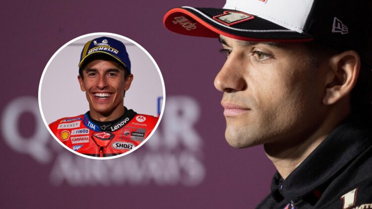 Jorge Martin of Aprilia looks on; inset shows Marc Marquez of Ducati smiling