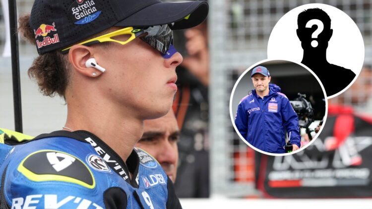 Italtrans Racing Team rider Diogo Moreira on the Moto2 grid at the 2025 German Grand Prix with an inset of Pramac Yamaha riderJack Miller