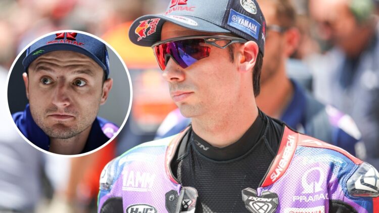 Miguel Oliveira of Pramac stands on the MotoGP grid; inset of teammate Jack Miller