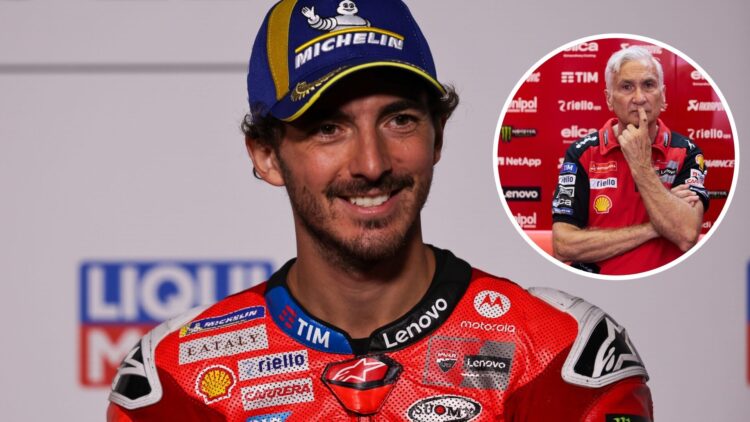 Francesco Bagnaia of Ducati speaks in a MotoGP press conference; inset of Davide Tardozzi