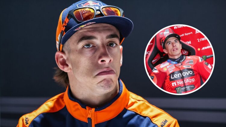 Pedro Acosta of KTM in a MotoGP media briefing; inset shows Marc Marquez of Ducati