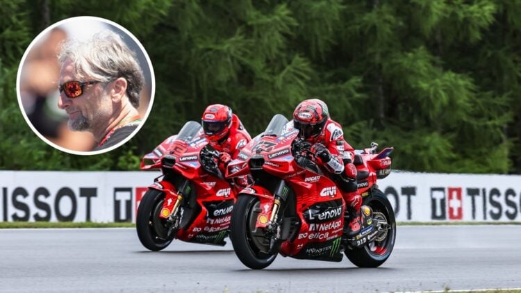 Francesco Bagnaia and Marc Marquez ride their Ducati MotoGP bikes; inset of Carl Fogarty