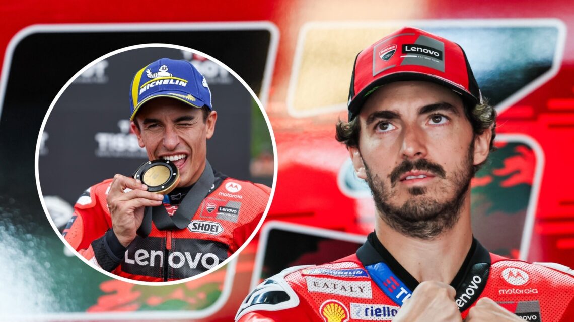 Ducati rider Francesco Bagnaia in the garage during qualifying for the 2025 MotoGP Czech Grand Prix with an inset of Marc Marquez celebrating his v...