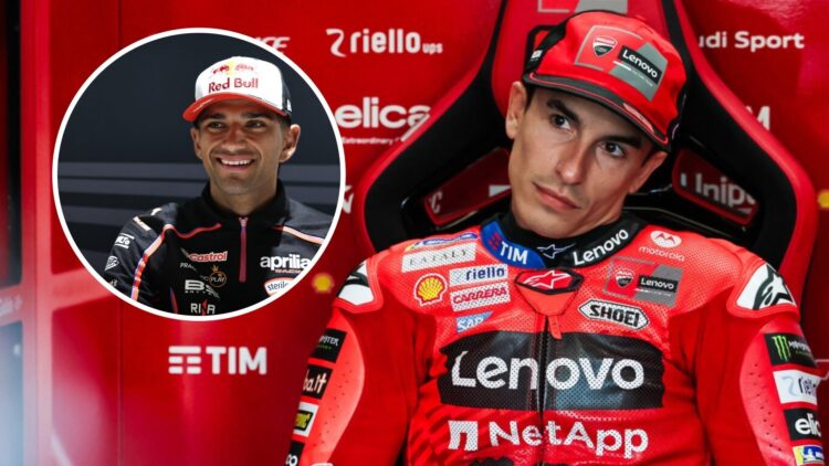 Ducati rider Marc Marquez in the garage during qualifying for the 2025 MotoGP Czech Grand Prix at Brno with an inset of Aprilia rider Jorge Martin ...