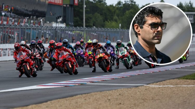 Francesco Bagnaia leads the pack at the start of the 2025 Czech Grand Prix Sprint, inset Karun Chandhok
