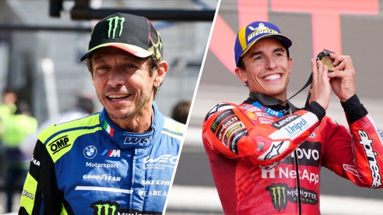 Split image of Valentino Rossi (L) at the 24 Hours of Le Mans and Ducati rider Marc Marquez (R)