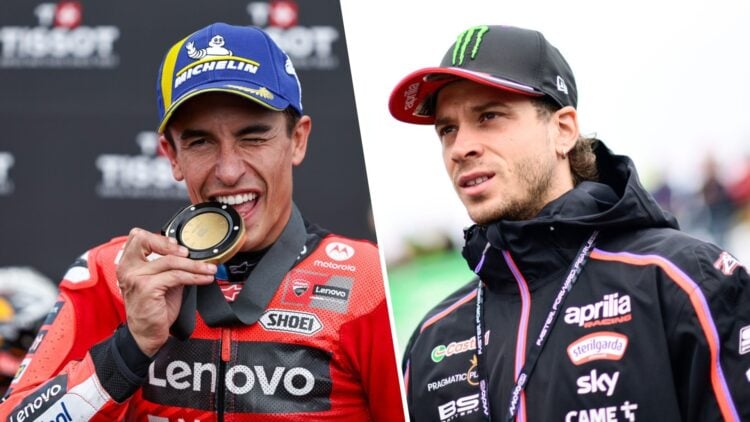 Split image of Marc Marquez (L) at the 2025 Czech Grand Prix and Marco Bezzecchi (R) at the 2025 German Grand Prix