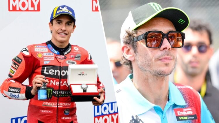 Split image of Ducati rider Marc Marquez (L) at the 2025 German Grand Prix and Valentino Rossi (R)