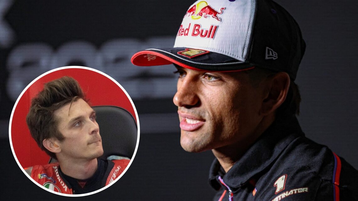 Aprilia rider Jorge Martin speaks at a press conference at the 2025 Czech Grand Prix, inset Luca Marini