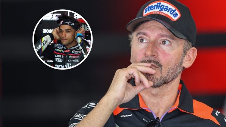 Max Biaggi in the MotoGP paddock during a session whilst Jorge Martin, in the overlay image, sits in his garage during a session.