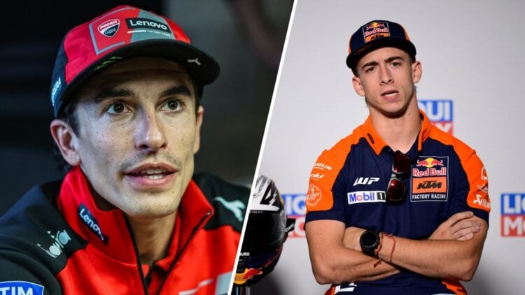 Split image of Ducati rider Marc Marquez (L) and KTM rider Pedro Acosta (R) at the 2025 German Grand Prix