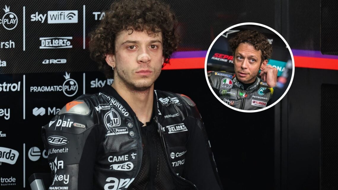 Marco Bezzecchi and Valentino Rossi both in their respective garages ahead of a MotoGP session.