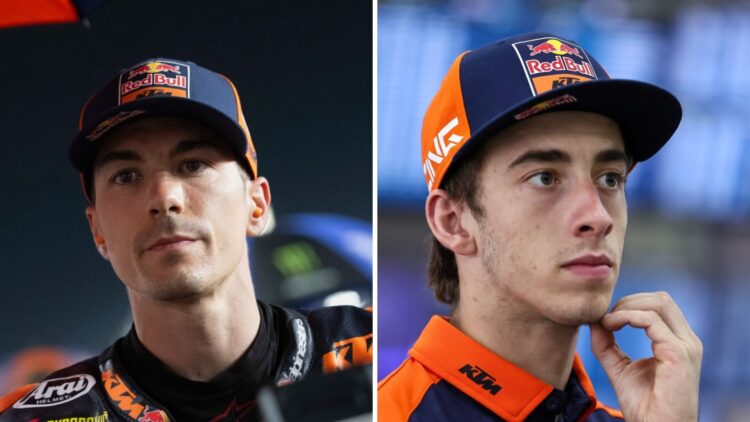 Maverick Vinales of Tech3 prepares for a MotoGP race (L); Pedro Acosta of KTM in an interview (R)