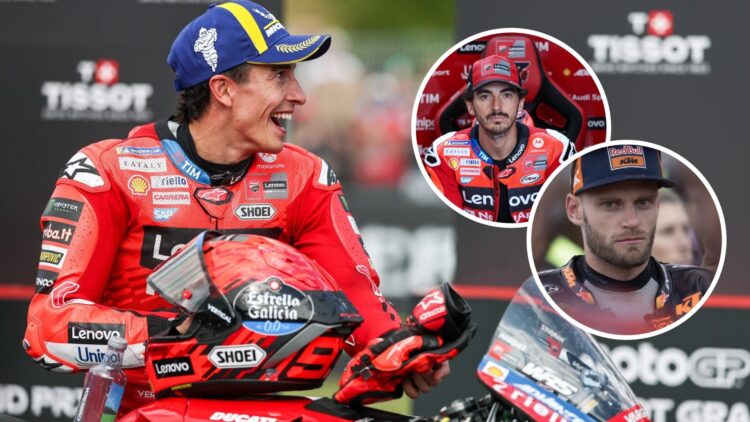 Marc Marquez of Ducati celebrates; insets of Francesco Bagnaia and Brad Binder of KTM