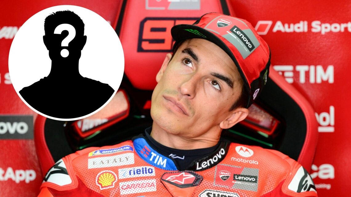 Marc Marquez in the Ducati garage during practice for the 2025 German Grand Prix, inset Mystery