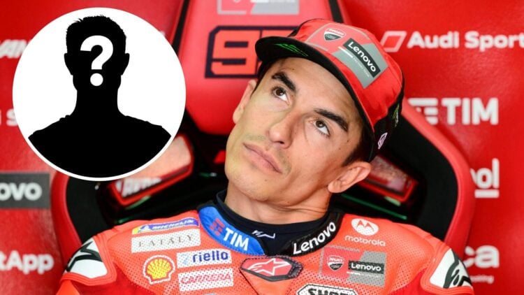 Marc Marquez in the Ducati garage during practice for the 2025 German Grand Prix, inset Mystery