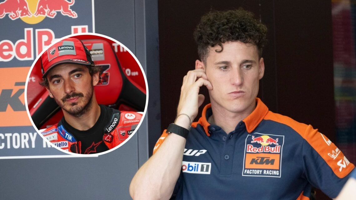 Pol Espargaro of KTM looks on; inset of Ducati rider Francesco Bagnaia