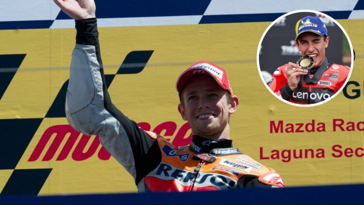 Casey Stoner celebrates winning a MotoGP race for Honda; inset of Ducati rider Marc Marquez