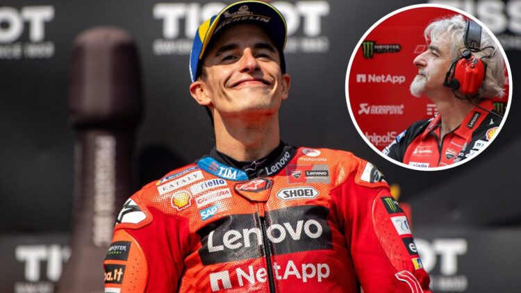Ducati rider Marc Marquez on the podium at the 2025 Czech Grand Prix, inset Luigi Dall'Igna