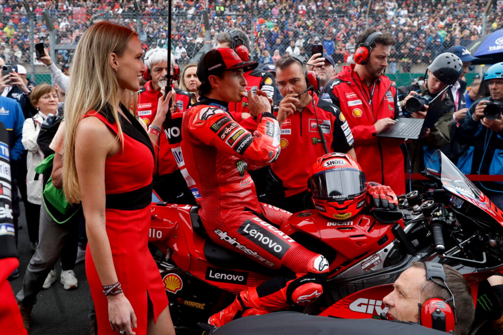 Ducati rider Marc Marquez with his crew chief Marco Rigamonti on the Le Mans grid