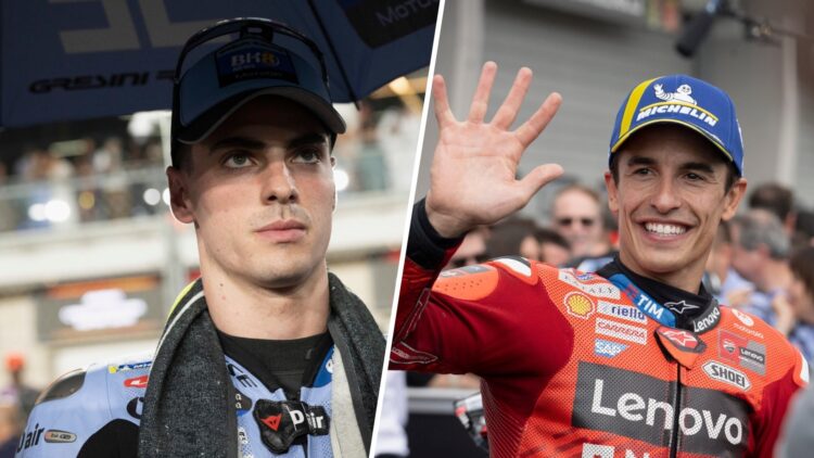 Split image of Fermin Aldeguer (L) and Marc Marquez (R) at the 2025 German Grand Prix