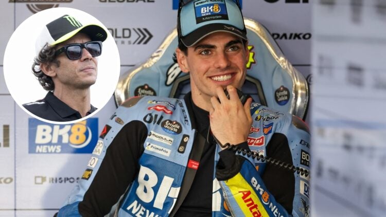 Fermin Aldeguer of Gresini sits in the garage; inset of Valentino Rossi