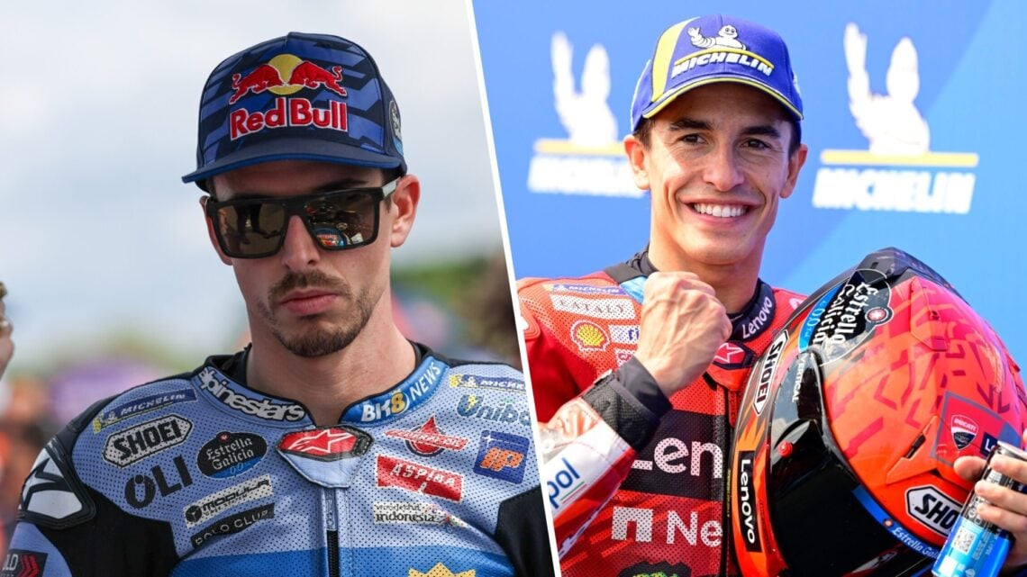 Split image of Gresini rider Alex Marquez (L) at the 2025 Czech Grand Prix and Ducati rider Marc Marquez (R)