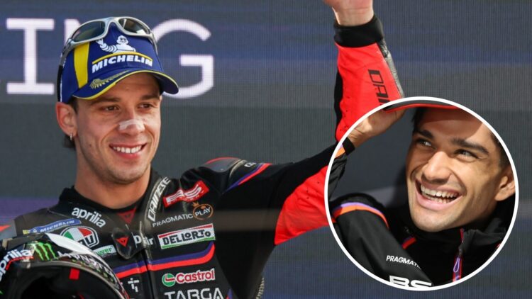 Aprilia rider Marco Bezzecchi celebrates P3 in the 2025 MotoGP Hungarian Grand Prix on the Balaton Park podium with an inset of Jorge Martin