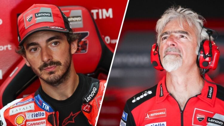 Split image of Ducati rider Francesco Bganaia (L) at the 2025 Czech Grand Prix and Luigi Dall'Igna (R)