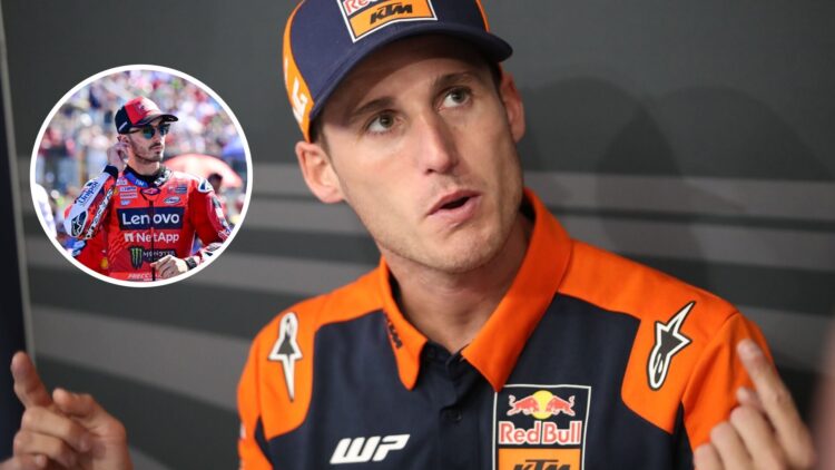 Pol Espargaro of KTM gestures in a MotoGP media briefing; inset of Ducati rider Francesco Bagnaia