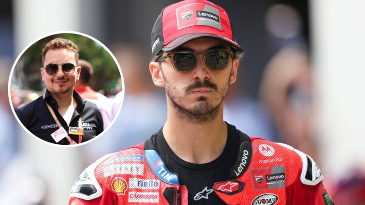 Francesco Bagnaia of Ducati looks on before a MotoGP race; inset of Jorge Lorenzo