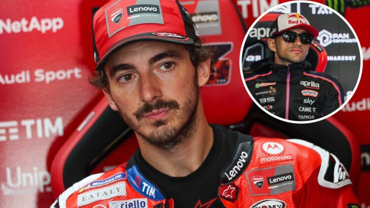 Francesco Bagnaia sits in the Ducati MotoGP garage; inset of Aprilia rider Jorge Martin