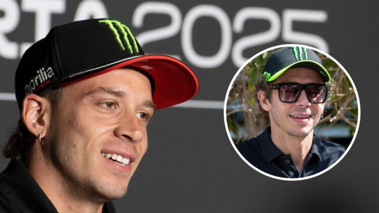 Marco Bezzecchi of Aprilia speaks in a press conference; inset of Valentino Rossi