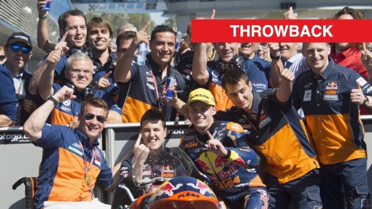 Brad Binder celebrating his win in Moto3 at the 2016 Spanish Grand Prix