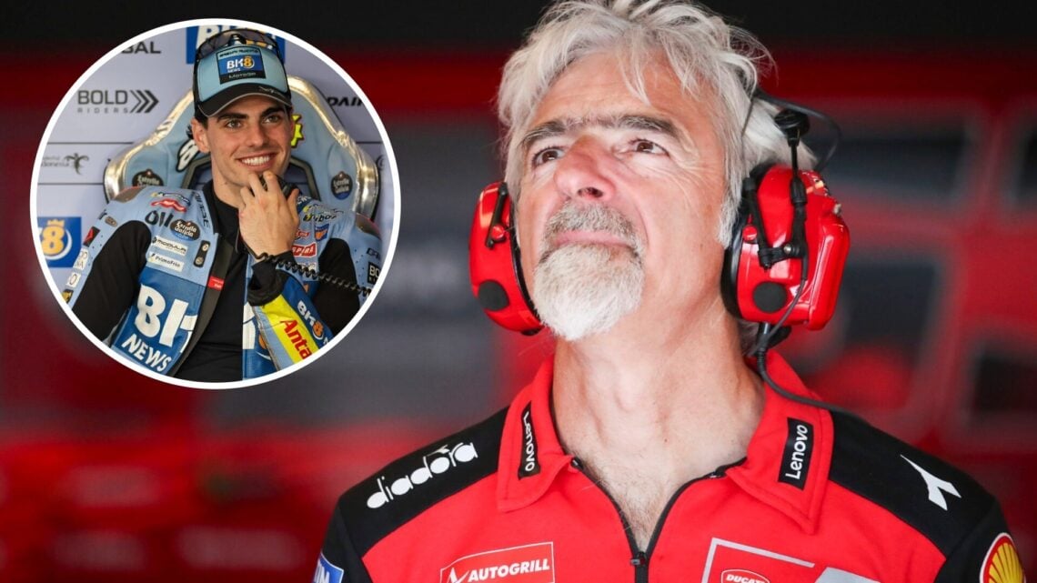 Luigi Dall'Igna of Ducati at the 2025 Aragon Grand Prix, inset Fermin Aldeguer