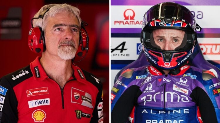 Luigi Dall'Igna of Ducati looks on in the garage (L); Jack Miller sits in the Pramac MotoGP garage (R)