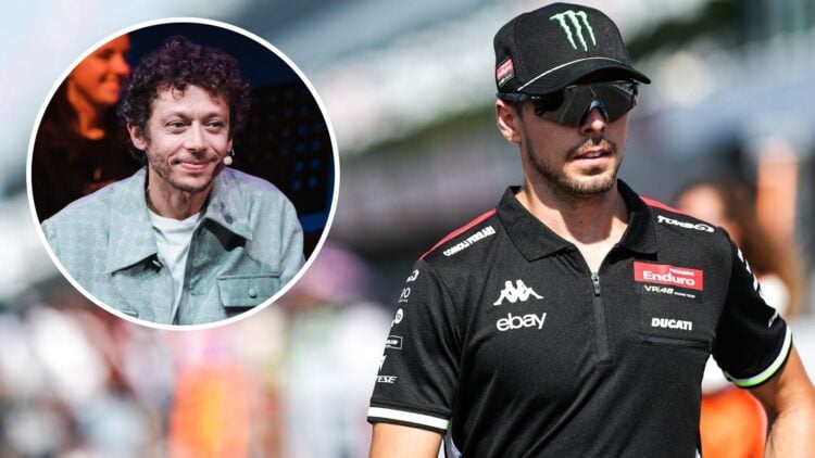 VR46 rider Fabio Di Giannantonio before the 2025 MotoGP Czech Grand Prix, inset Valentino Rossi