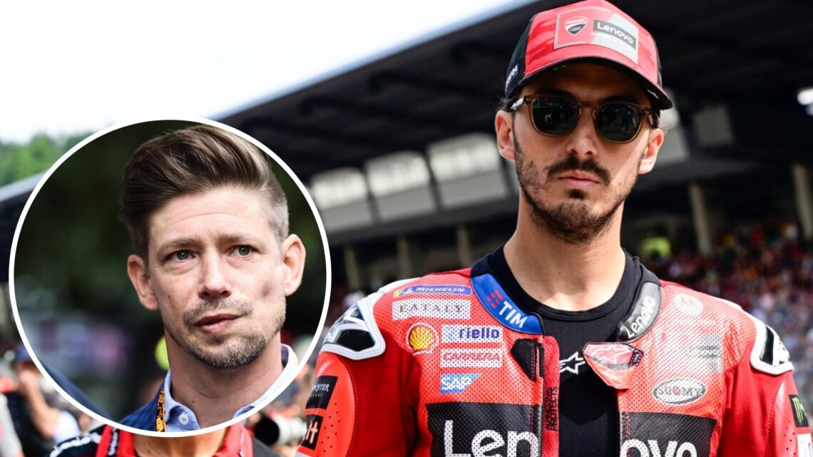 Ducati rider Francesco Bagnaia on the 2025 MotoGP Austrian Grand Prix grid with an inset of Casey Stoner