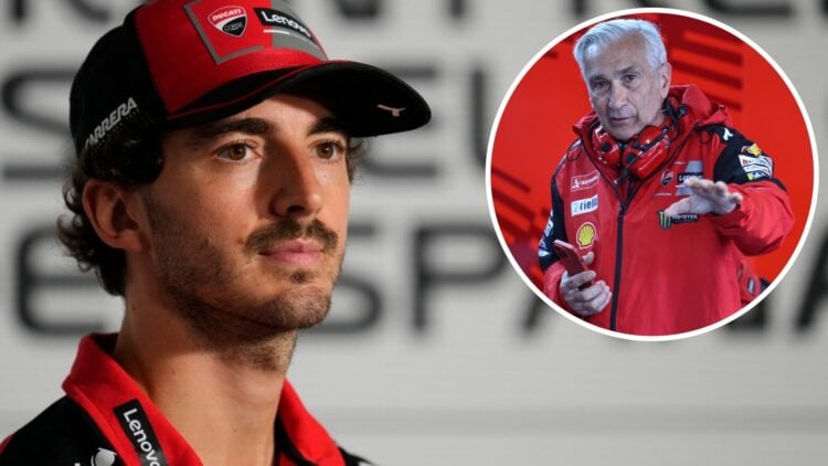 Ducati rider Francesco Bagnaia speaks to the media at the 2025 MotoGP Spanish Grand Prix at Jerez with an inset of Davide Tardozzi in the garage at...