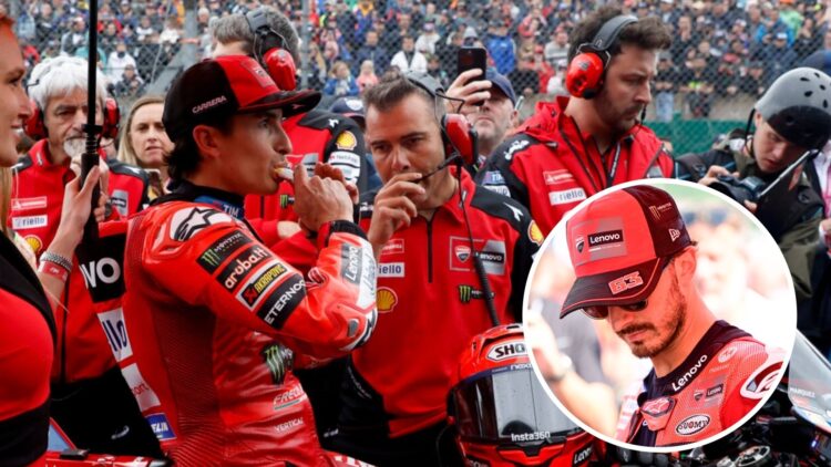 Ducati rider Marc Marquez with his crew chief Marco Rigamonti on the Le Mans grid with an inset of Francesco Bagnaia in Austria