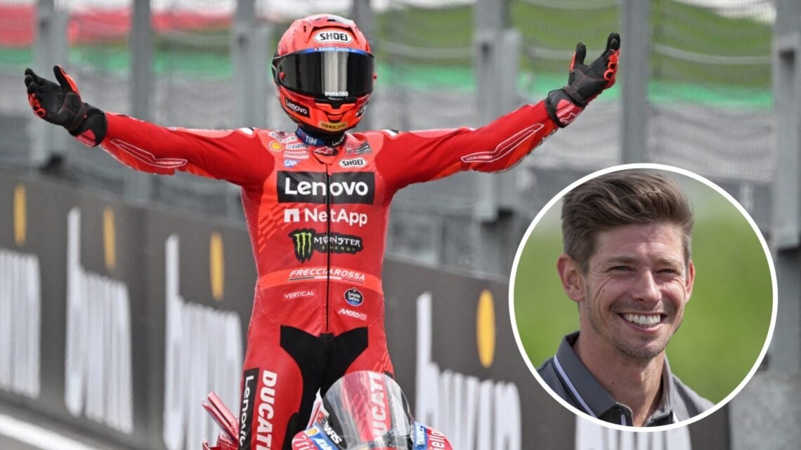 Ducati rider Marc Marquez celebrates winning the 2025 MotoGP Austrian Grand Prix with an inset of Casey Stoner at the Red Bull Ring