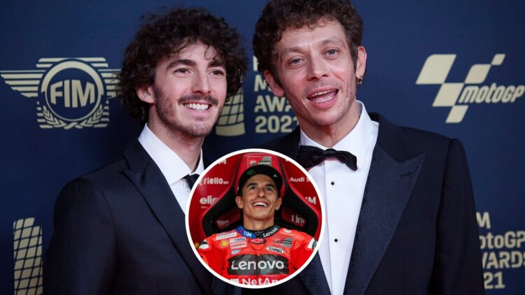 Francesco Bagnaia of Ducati poses with Valentino Rossi; inset of Marc Marquez