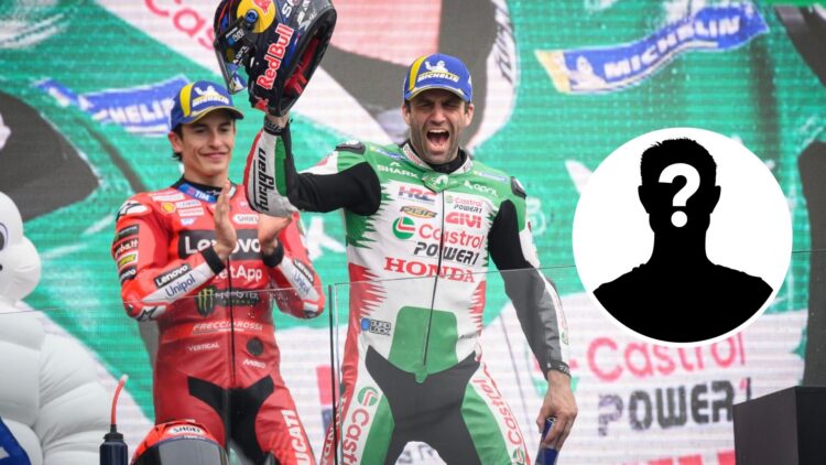 Johann Zarco of LCR Honda celebrates winning the French Grand Prix next to Marc Marquez of Ducati