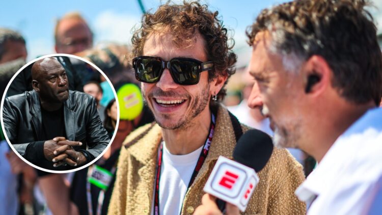 MotoGP legend Valentino Rossi conducts an interview; inset of Michael Jordan