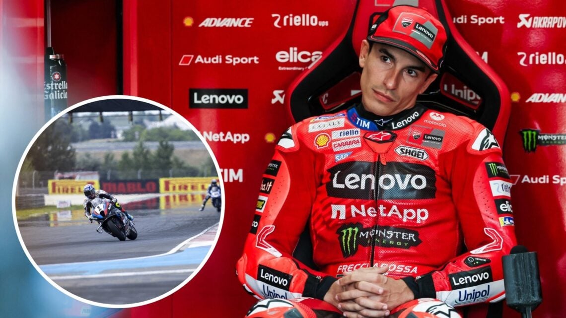 Marc Marquez in the Ducati garage during qualifying for the 2025 MotoGP Czech Grand Prix, with an inset of BMW rider Toprak Razgatlioglu on track d...