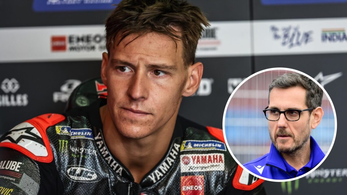 Fabio Quartararo in the Yamaha garage at the 2025 MotoGP German GP with an inset of managing director Paolo Pavesio in Argentina