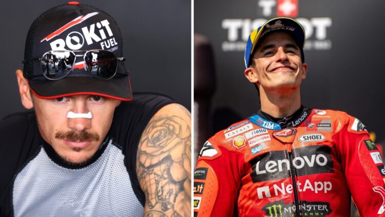 Former MotoGP rider Scott Redding looks on (L); Ducati rider Marc Marquez smiles on the podium (R)