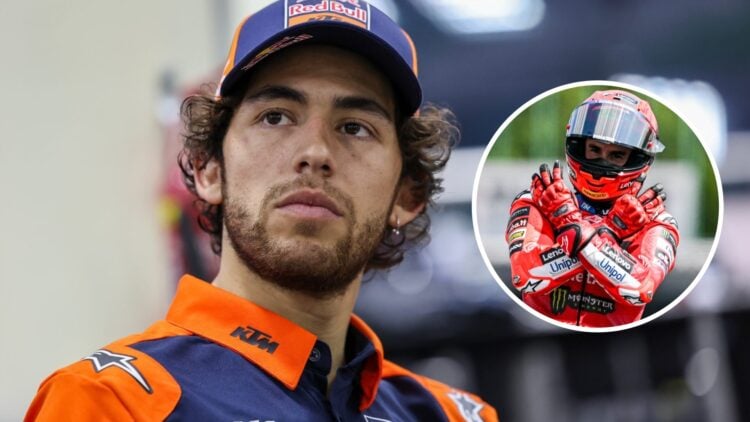 Enea Bastianini of Tech3 answers media questions; inset of Ducati rider Marc Marquez