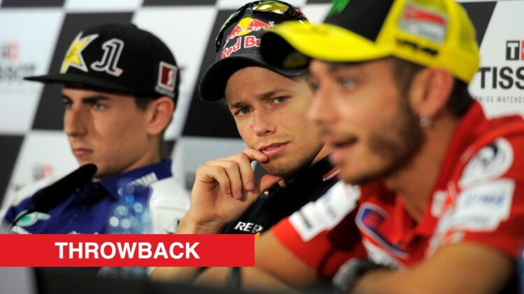 Jorge Lorenzo, Valentino Rossi and Casey Stoner in a press conference ahead of the Aragon Grand Prix in 2015