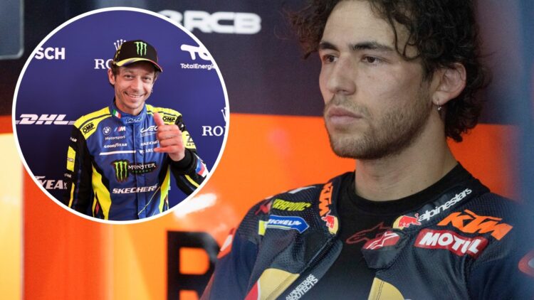 KTM Tech3 rider Enea Bastianini at the 2025 MotoGP Buriram Test with an inset of Valentino Rossi at Le Mans